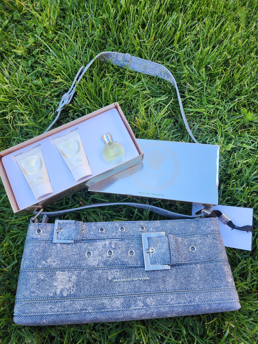 NWT Maniere De Voir Blue Metallic Denim Like Shoulder bag And Versace Bundle